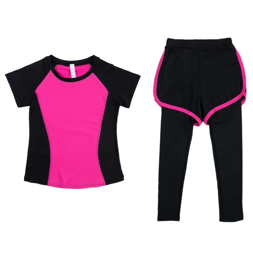 Echinodon Mädchen Sport Set 2tlg Schnelltrocknend Kurzarmshirt + Hose mit Shorts Trainingsanzug Sportanzug Jogginganzug Freizeit Yoga Typ2-Rosa 152 von Echinodon