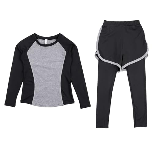Echinodon Mädchen Sport Set 2tlg Schnelltrocknend Langarmshirt + Hose mit Shorts Trainingsanzug Sportanzug Jogginganzug Freizeit Yoga Grau 146 von Echinodon