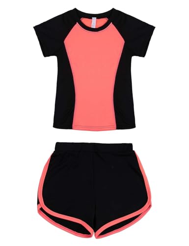 Echinodon Mädchen Sport Set 2tlg Schnelltrocknend Langarmshirt + Hose mit Shorts Trainingsanzug Sportanzug Jogginganzug Freizeit Yoga Typ3-Orange 146 von Echinodon