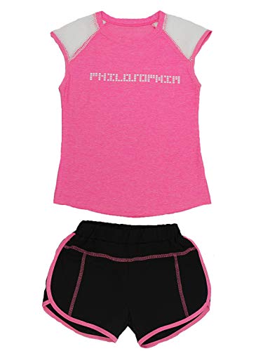 Echinodon Mädchen Sport-Set 2tlg T-Shirt + Shorts Schnelltrockend Trainingsanzug für Jogging Yoga Sommer Rosa 120 von Echinodon