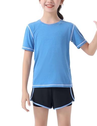 Echinodon Mädchen Sport Set Kurz 2tlg T-Shirt + Shorts Schnelltrocknend Jogginganzug Sommer Sportanzug Trainingsanzug Blau 160 von Echinodon