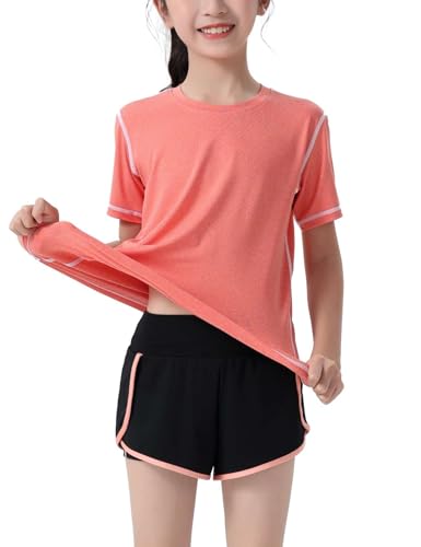 Echinodon Mädchen Sport Set Kurz 2tlg T-Shirt + Shorts Schnelltrocknend Jogginganzug Sommer Sportanzug Trainingsanzug Orange 160 von Echinodon