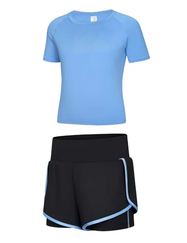 Echinodon Mädchen Sport Set Kurz Schnelltrockend Shirt + 2 in 1 Shorts mit Innenhose Anzug für Yoga Jogging Training Blau 120 von Echinodon