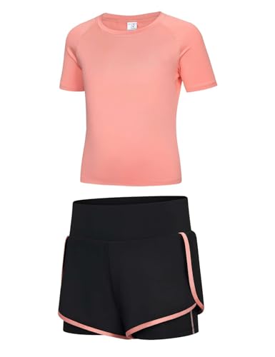 Echinodon Mädchen Sport Set Kurz Schnelltrockend Shirt + 2 in 1 Shorts mit Innenhose Anzug für Yoga Jogging Training Orange 130 von Echinodon