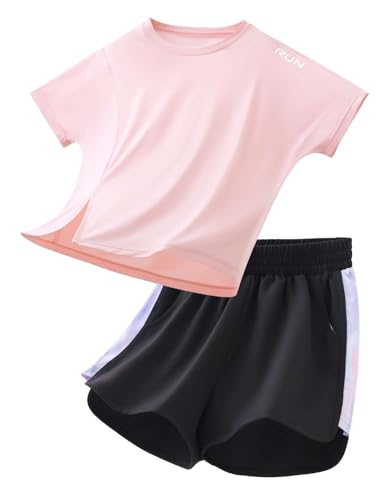 Echinodon Mädchen Sport Set Kurz Schnelltrocknend Sportanzug T-Shirt + Shorts Sommer Trainingsanzug Jogginganzug Rosa 170 von Echinodon