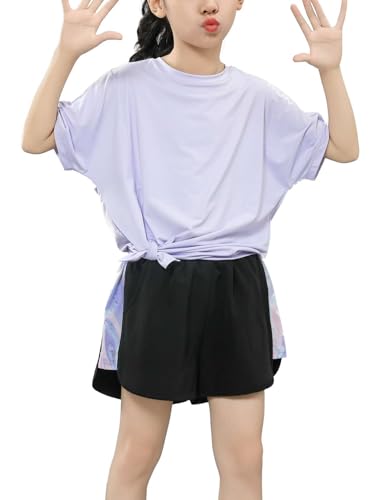 Echinodon Mädchen Sport Set Kurz Schnelltrocknend Sportanzug T-Shirt + Shorts Sommer Trainingsanzug Jogginganzug Weiß 140 von Echinodon