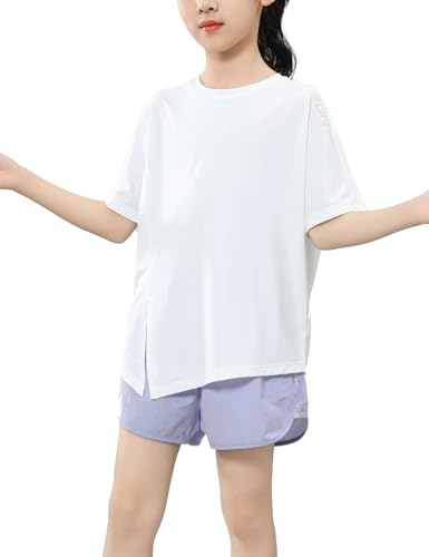 Echinodon Mädchen Sport Set Kurz Schnelltrocknend Sportanzug T-Shirt + Shorts Sommer Trainingsanzug Jogginganzug Weiß 160 von Echinodon