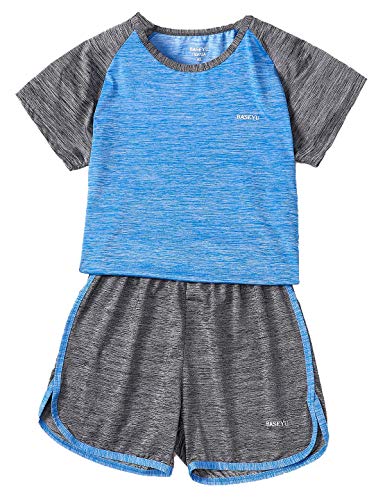 Echinodon Mädchen Sport Set Schnelltrockend T-Shirt + Kurze Hose Kinder 2tlg Trainingsanzug für Jogging Yoga Training Sommer Blau 140 von Echinodon