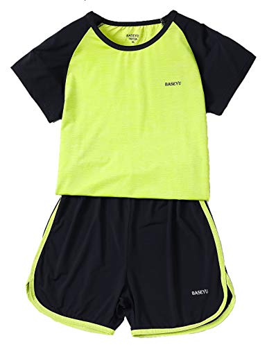 Echinodon Mädchen Sport Set Schnelltrockend T-Shirt + Kurze Hose Kinder 2tlg Trainingsanzug für Jogging Yoga Training Sommer Grün 140 von Echinodon