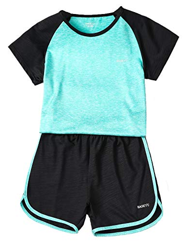 Echinodon Mädchen Sport Set Schnelltrockend T-Shirt + Kurze Hose Kinder 2tlg Trainingsanzug für Jogging Yoga Training Sommer Türkis 150 von Echinodon