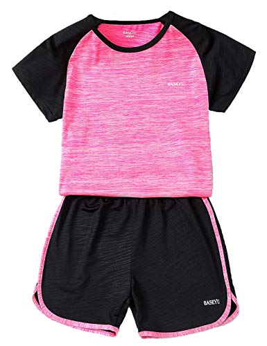 Echinodon Mädchen Sport Set Schnelltrockend T-Shirt + Kurze Hose Kinder 2tlg Trainingsanzug für Jogging Yoga Training Sommer Rosa 160 von Echinodon