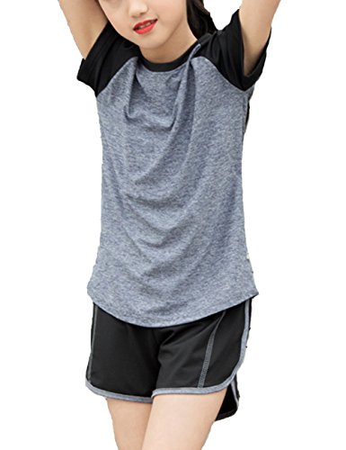 Echinodon Mädchen Sport Set Shirt + Shorts Schnelltrockend Sommer 2tlg Sportanzug für Yoga Jogging Training Grau 140 von Echinodon