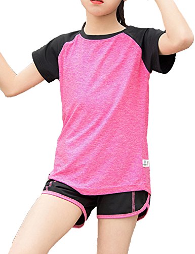 Echinodon Mädchen Sport Set Shirt + Shorts Schnelltrockend Anzug für Yoga Jogging Training Rosa 110 von Echinodon