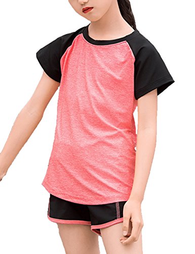 Echinodon Mädchen Sport Set Shirt + Shorts Schnelltrockend Sommer 2tlg Sportanzug für Yoga Jogging Training Rot 130 von Echinodon