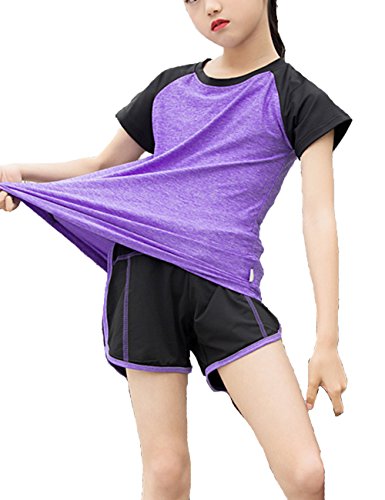 Echinodon Mädchen Sport Set Shirt + Shorts Schnelltrockend Sommer 2tlg Sportanzug für Yoga Jogging Training Violett 170 von Echinodon