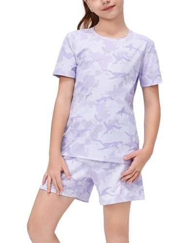 Echinodon Mädchen Sport Set mit Muster 2tlg Trainingsanzug Schnelltrocknend T-Shirt + Shorts Sommer Sportanzug Jogginganzug Violett 130 von Echinodon