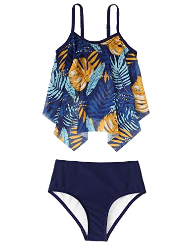 Echinodon Mädchen Tankini Set Zweiteiler Bademode mit Blumenmuster Hawaiian Bikini Strand A-Blau 164 von Echinodon