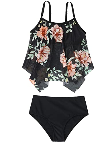 Echinodon Mädchen Tankini Set Zweiteiler Bademode mit Blumenmuster Hawaiian Bikini Strand A-Schwarz 104 von Echinodon