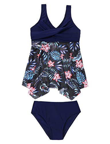 Echinodon Mädchen Tankini Set Zweiteiler Bademode mit Blumenmuster Hawaiian Bikini Strand B-Blau 164 von Echinodon