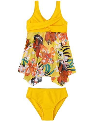 Echinodon Mädchen Tankini Set Zweiteiler Bademode mit Blumenmuster Hawaiian Bikini Strand B-Gelb 128 von Echinodon