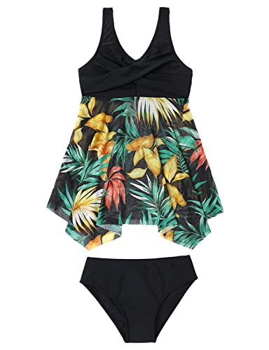 Echinodon Mädchen Tankini Set Zweiteiler Bademode mit Blumenmuster Hawaiian Bikini Strand B-Grün 164 von Echinodon