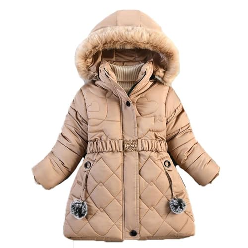 Echinodon Mädchen Winterjacke mit abnehmbarer Fellkapuze Verdickte Mantel mit Samtfutter Kinder Lange Outdoor Winter Jacke Parka Beige XL von Echinodon