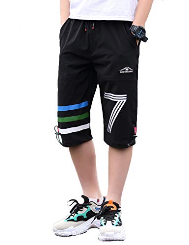 Echiondon Jungen 3/4 Hose Kurz Schnelltrockend Shorts Kinder Sweathose Sport und Freizeit Sommer Schwarz 150 von Echinodon