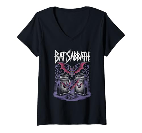 Damen Sinister Purple Bats Flying Over Verstärker Rockmusik T-Shirt mit V-Ausschnitt Damen Sinister Purple Bats Flying Over Verstärker Rockmusik T-Shirt mit V-Ausschnitt von Echoes of Doom