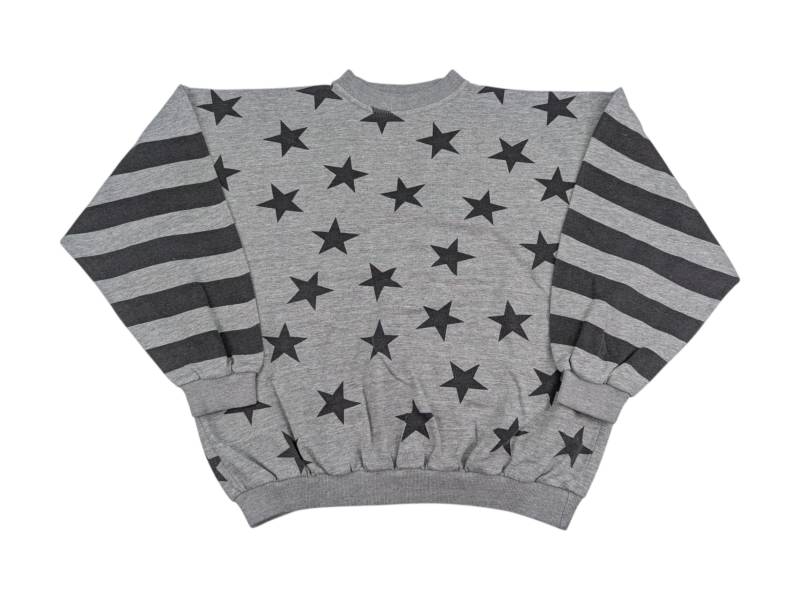 1980Er Sterne Sweatshirt Oversize Größe M Grau Schwarz Und Streifen Muster Baumwollmix Vintage Look Unisex Pullover Retro Style von EchtVintageDE