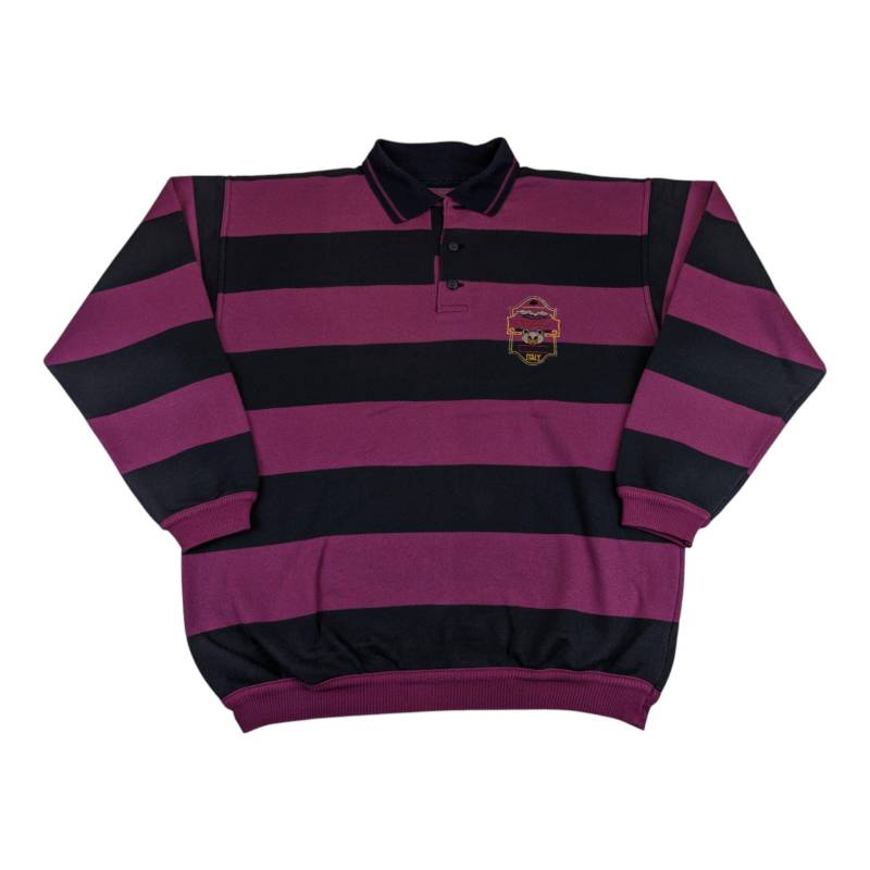1990Er Grizzly Italy True Vintage Sweatshirt Gr L Weinrot Schwarz Streifen Look Logo Stickerei Polo Style Pullover von EchtVintageDE