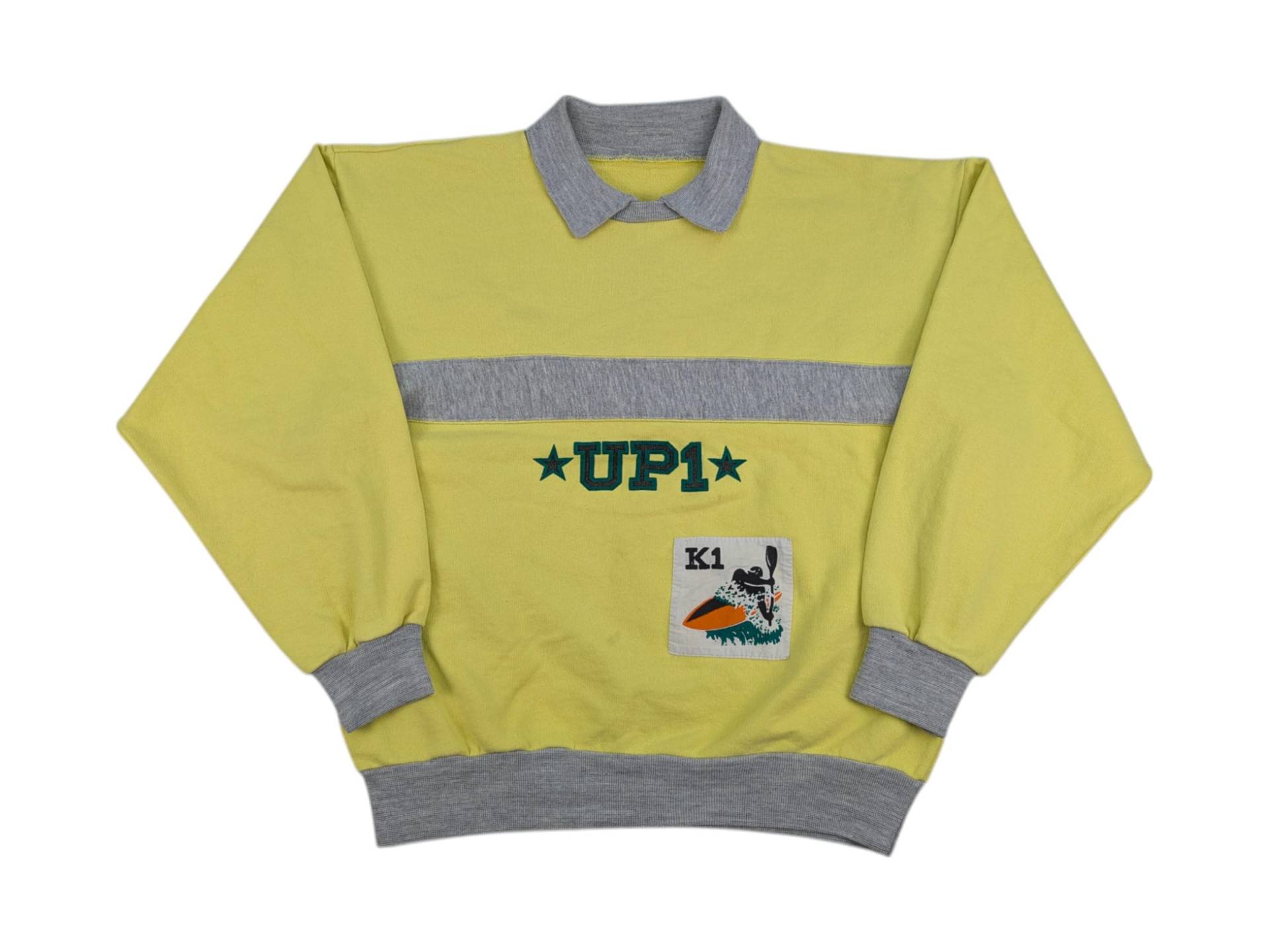 1990Er Vintage Sweatshirt M Gelb Grau Kragen Kanu K1 Print Unisex Pullover Retro Stil Up1 Patch Baumwolle Design 1990Er Vintage Sweatshirt M Gelb Grau Kragen Kanu K1 Print Unisex Pullover Retro Stil Up1 Patch Baumwolle Design von EchtVintageDE