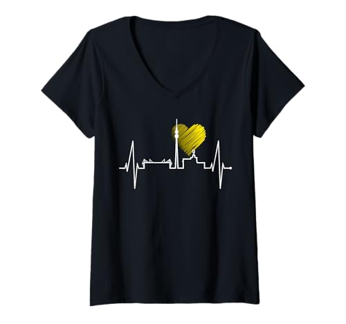 Damen Dortmund Herzschlag Skyline Puls Ruhrpott Stadion Dortmunder T-Shirt mit V-Ausschnitt von Echte Dortmunder Outfits Für Fans Mit Herz