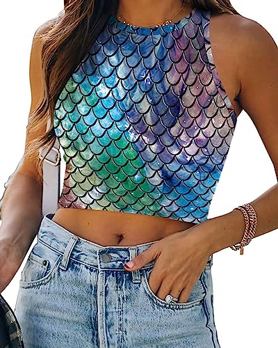 Damen Meerjungfrau Print Crop Tank Tops Fischschuppen Sexy Exposed Nabel Tops Weich Sommer Ärmellos Crop Top, Meerjungfrau 4, Groß von Eciodci