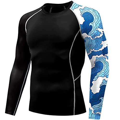 Langarm-Rashguard-Shirts für Herren, LSF 50+, Performance-Passform, Kompression, Schwimmtraining, Kleidung für Männer, blue wave, Large von Eciodci