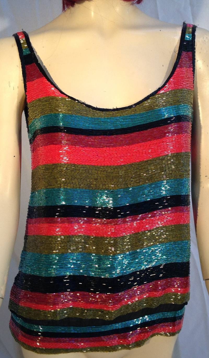 42 "Büsten Irisierende Voll Hand Perlen Bugle Auf Reiner Seide Gestreiften Designer Top Cropped Bluse Cocktail Neujahr Show Stopper Gogo M + von EclecticCollage