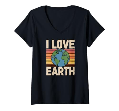 Damen Ich Liebe die Erde, Retro-Vintage-Stil T-Shirt mit V-Ausschnitt Damen Ich Liebe die Erde, Retro-Vintage-Stil T-Shirt mit V-Ausschnitt von Eco Conscious Earth Appreciation Style