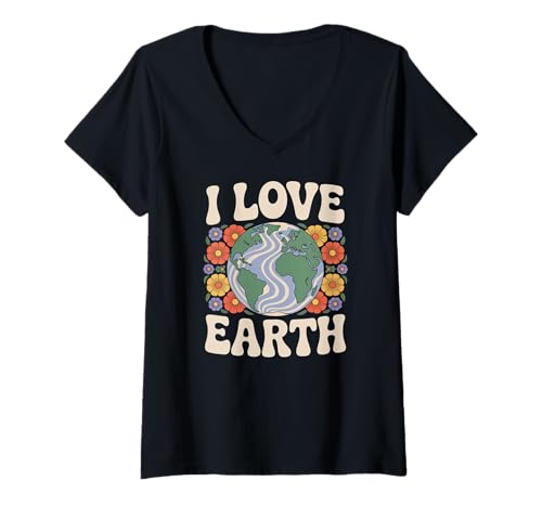 Damen Öko-Botschaft „I Love Earth“, Blumenkugel T-Shirt mit V-Ausschnitt Damen Öko-Botschaft „I Love Earth“, Blumenkugel T-Shirt mit V-Ausschnitt von Eco Conscious Planet Nature Earth Lover