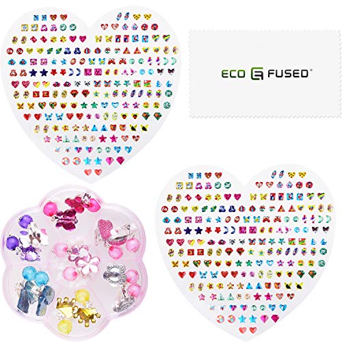 Eco-Fused 380-tlg. Aufkleber für Ohrringe und 7 Paar Ohrringe zum Anclipsen - für Mädchen, Jugendliche und Erwachsene - Keine Piercings erforderlich - Spielzeugschmuck zum Schick Machen von Eco-Fused