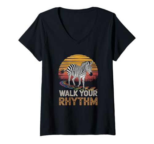 Damen Gehen Sie auf Ihrem Rhythm Zebra Sunset Path T-Shirt mit V-Ausschnitt Damen Gehen Sie auf Ihrem Rhythm Zebra Sunset Path T-Shirt mit V-Ausschnitt von Eco Groove Apparel