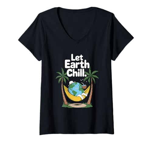 Damen Let Earth Chill Hängematte Tropische Szene T-Shirt mit V-Ausschnitt Damen Let Earth Chill Hängematte Tropische Szene T-Shirt mit V-Ausschnitt von Eco Groove Apparel