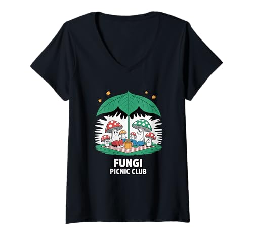 Damen Pilz-Picknick-Club, niedliche Pilzfamilie T-Shirt mit V-Ausschnitt von Eco Groove Apparel