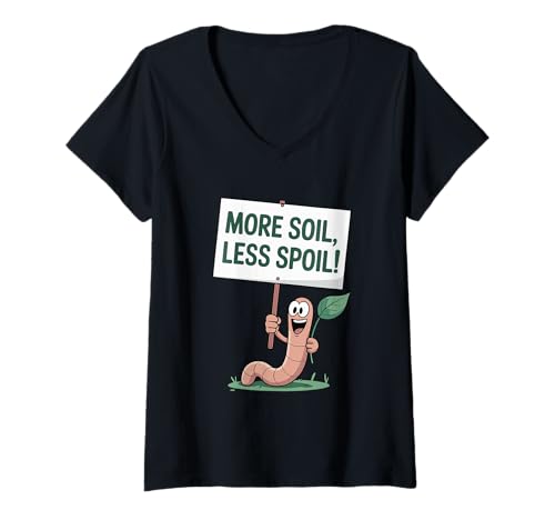 Damen Schild mit Aufschrift More Soil Less Spoil T-Shirt mit V-Ausschnitt Damen Schild mit Aufschrift More Soil Less Spoil T-Shirt mit V-Ausschnitt von Eco Groove Apparel