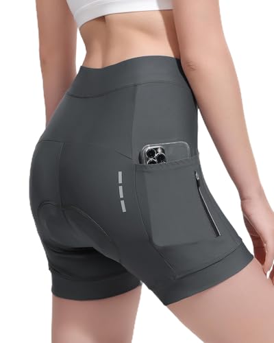 Eco-daily Damen Radlerhose mit 4d Gel-sitzpolster,Atmungsaktive Summer Fahrradhose Kurz Elastische Seitentaschen 5 Zoll Radhose für Rennrad Mountainbike & Fitness Sporthose （S,grau von Eco-daily