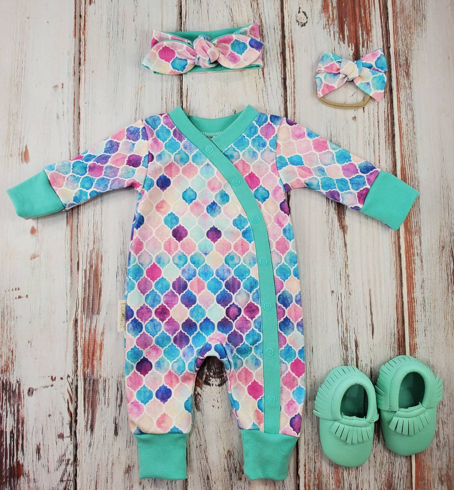 Baby Mädchen Coming Home Outfit Bio-Baumwolle Meerjungfrau Print Säugling Kimono Strampler Boho Pyjama Baumwolle Overall Pastell Neue von EcoBrat