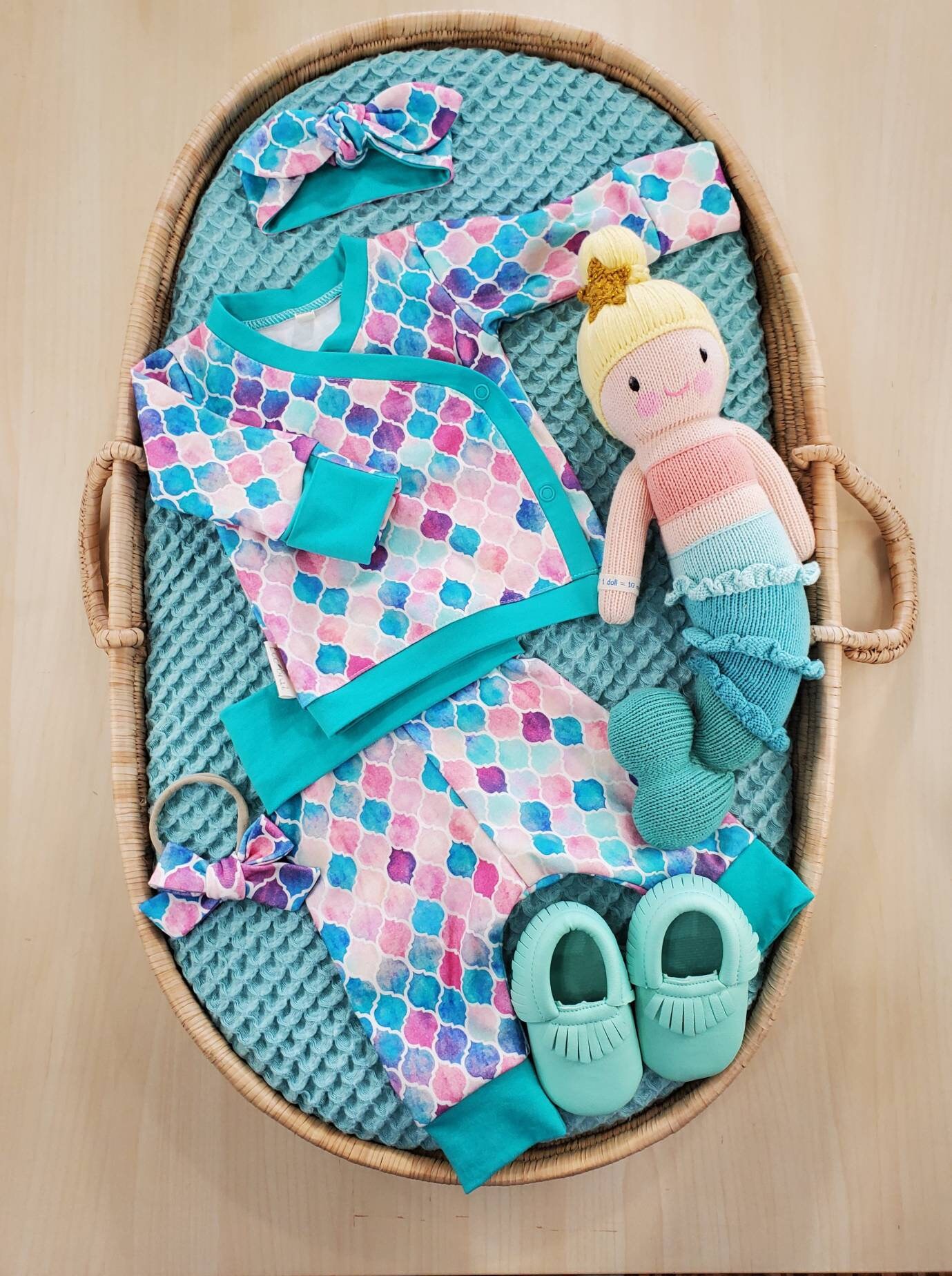 Bio Meerjungfrau Druck Nach Hause Kommen Set, Baby-Mädchen Outfit, Kleinkind Kimono Und Hosen, Sommer Baby, Frühlingsbaby, Hübsches Prinzessin von EcoBrat