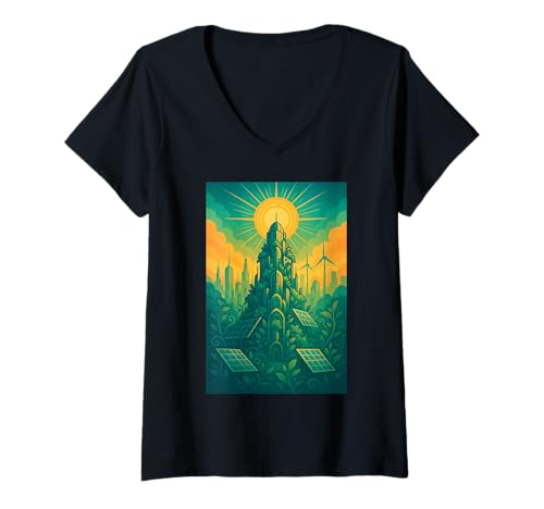 Damen Solarpunk Eco Future City Art Nature Tech Nachhaltigkeit T-Shirt mit V-Ausschnitt Damen Solarpunk Eco Future City Art Nature Tech Nachhaltigkeit T-Shirt mit V-Ausschnitt von EcoFuturist Apparel
