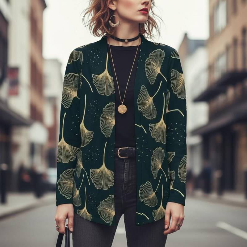 Black Gold Ginkgo Damen Langarm - Cardigan Stretch Strickteil Mit Taschen von EcoKarmaStyles