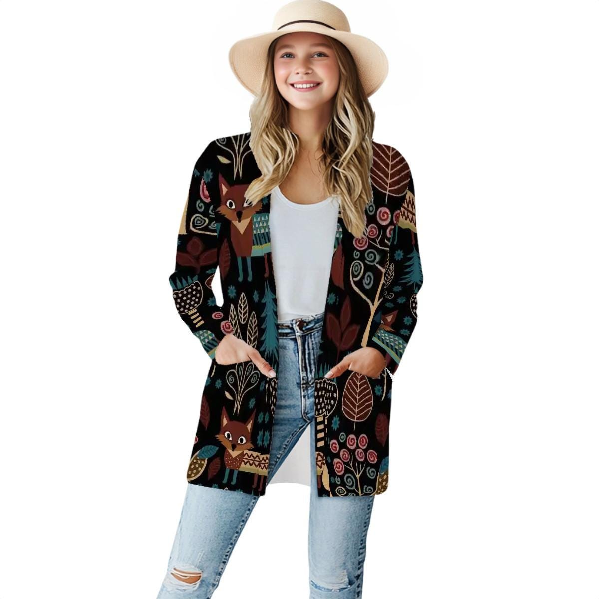 Boho Forest Fox Damen Langarm-Strickjacke - Stretch Strickteil Mit Taschen Boho Forest Fox Damen Langarm-Strickjacke - Stretch Strickteil Mit Taschen von EcoKarmaStyles