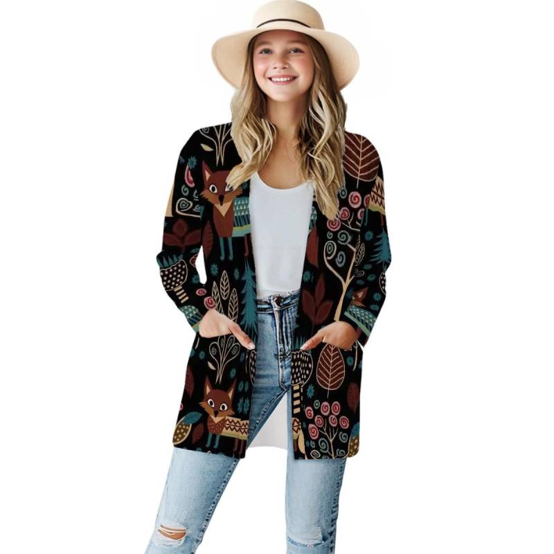 Boho Forest Fox Damen Langarm-Strickjacke - Stretch Strickteil Mit Taschen Boho Forest Fox Damen Langarm-Strickjacke - Stretch Strickteil Mit Taschen von EcoKarmaStyles