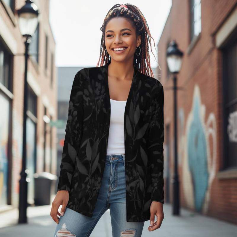 Boho Langarm-Cardigan - Schwarze Strickjacke Mit Taschen von EcoKarmaStyles